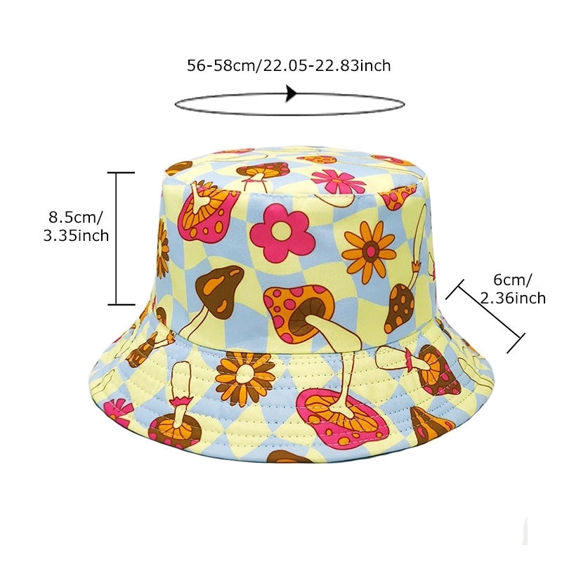 Women's Cute Flower Mushroom Printing Flat Eaves Bucket Hat
