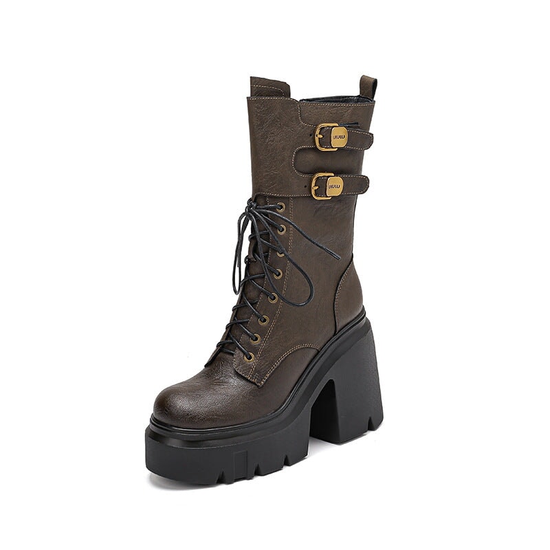 Women Biker Boots Lace-Up Combat Boots Retro Short Boots Handmade Genuine Leather Platform Boots