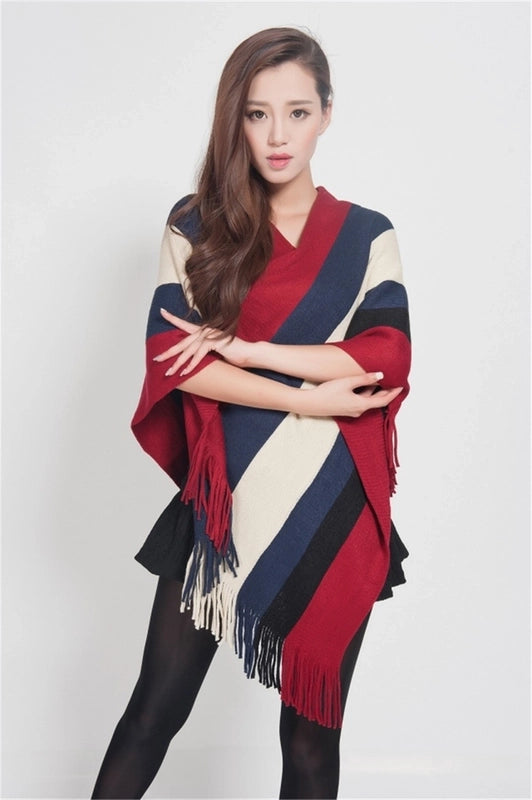 Women's Wear Tassel Pullover Midi Knitted Cloak Women's Winter Fashion Shawl Striped Sweater Coat