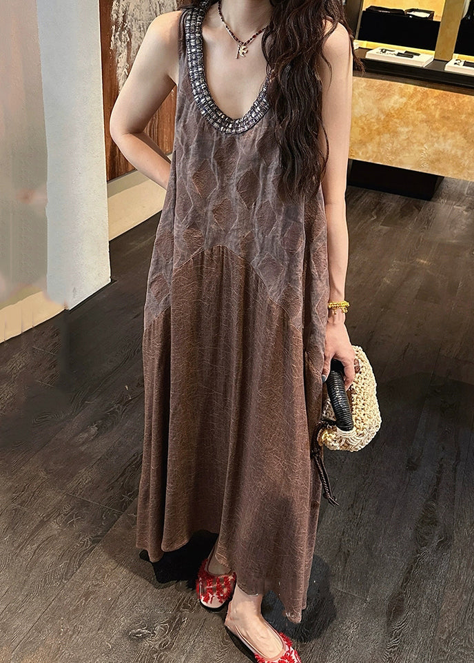 Coffee Tulle Patchwork Cotton Long Dresses O Neck Summer