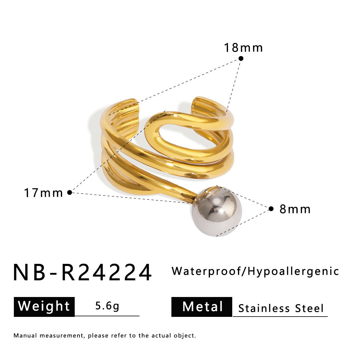 Design Sense Two-Color Hollow Lines Gold Ring Asymmetrical Staggered Exaggerated Stainless Steel Ring Women