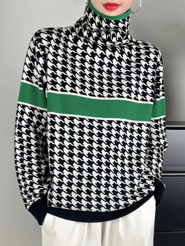 Long Sleeves Loose Contrast Color Houndstooth Split-Joint High Neck Pullovers Sweater Tops