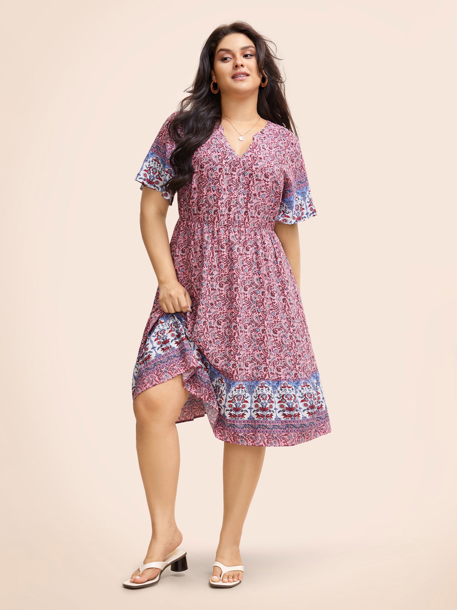 Boho Print Notched Collar Elastic Waist Dress