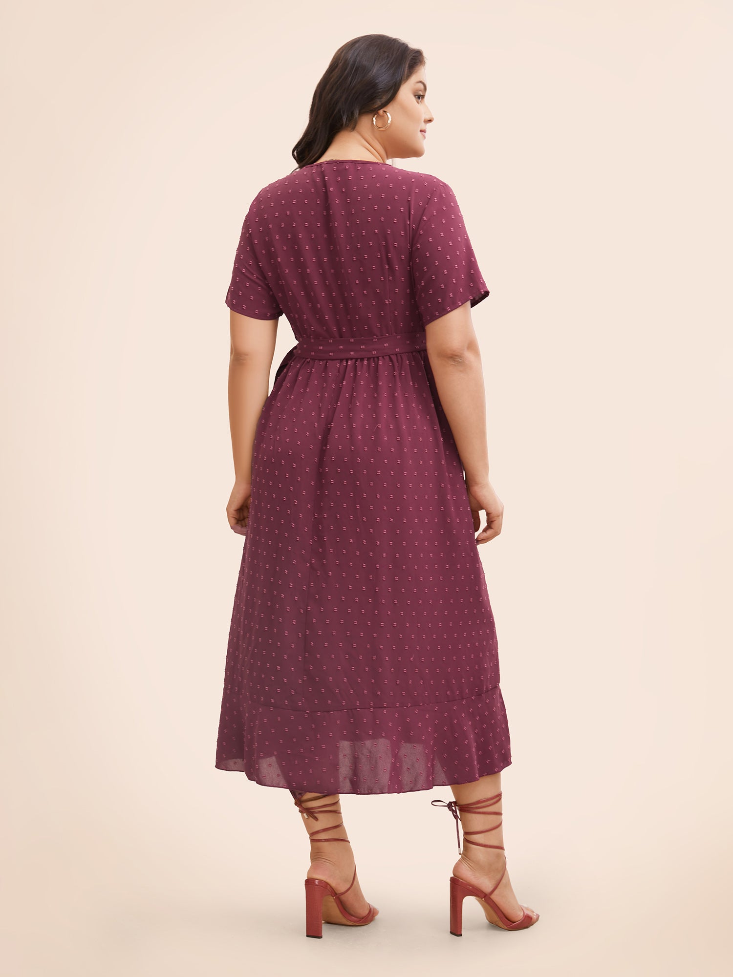 Plain Overlap Collar Ruffle Trim Tie Knot Dress