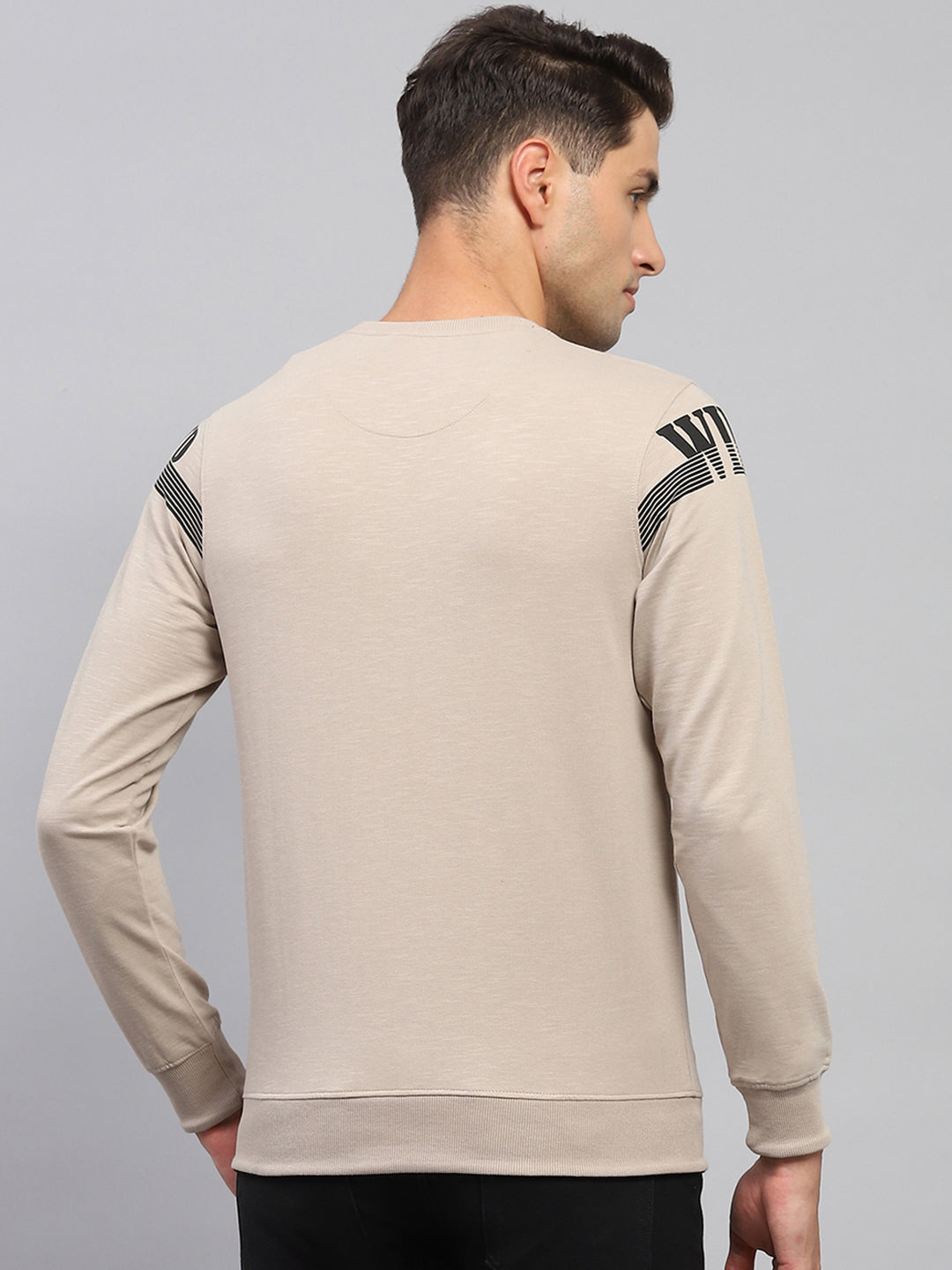 Men Beige Printed Round Neck Full Sleeve T-Shirt