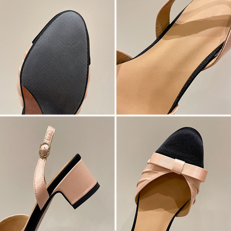 Elegant Colorblock Slingback Sandals with Bow Satin Closed-Toe Dress Shoes in Green/White/Pink