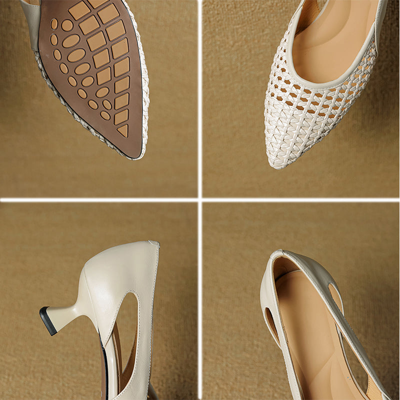 Pointed Toe Woven Kitten Heel Pumps Hollow Out Leather Fashion Office Shoes in Black/Beige/Silver