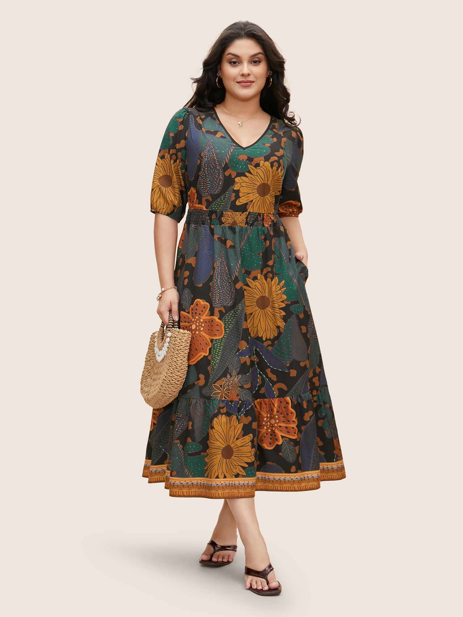 Floral Shirred Lantern Sleeve Midi Dress