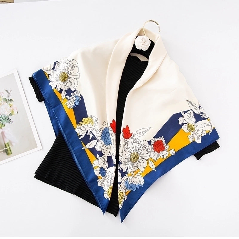 Women's Basic Minimalist Color Block Flower Satin Silk Scarf