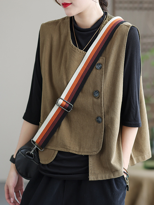 Vintage Asymmetric Solid Color Buttoned Vest Top