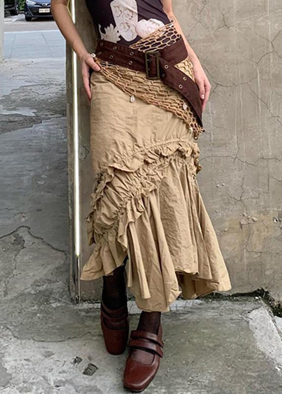 New Khaki Asymmetrical Ruffled Cotton Skirt Summer