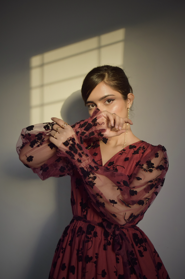 Floral Mesh Belted Surplice Front Dress