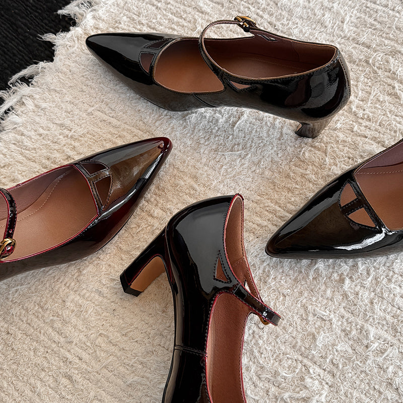 Elegant Gradient Patent Sheepskin 60mm Heels Pointed Toe Mary Jane Pumps in Brown/Wine Red