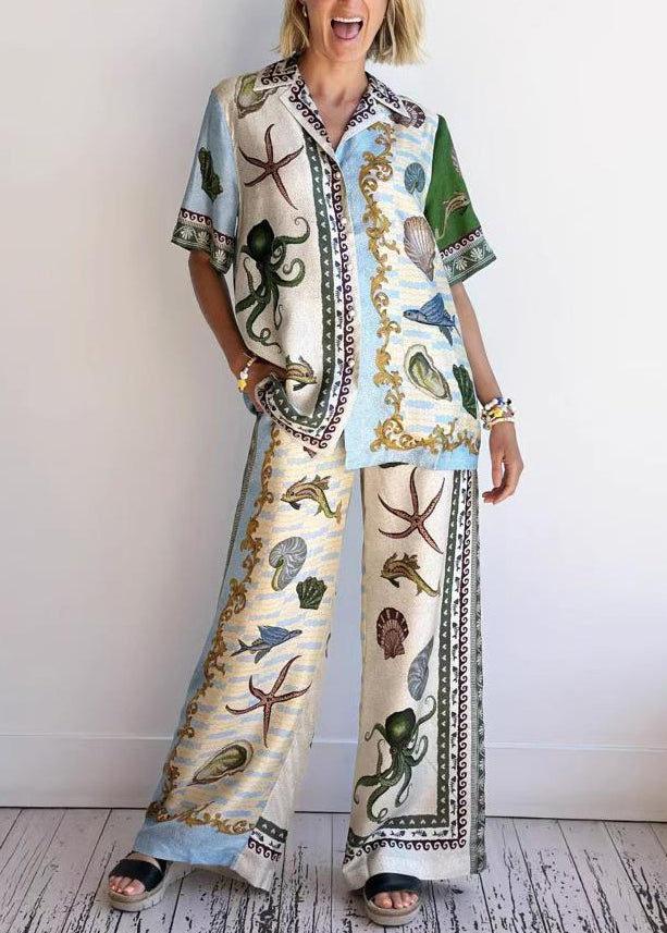 Plus Size Print Shirts And Wide Leg Pants Two Piece Set Summer