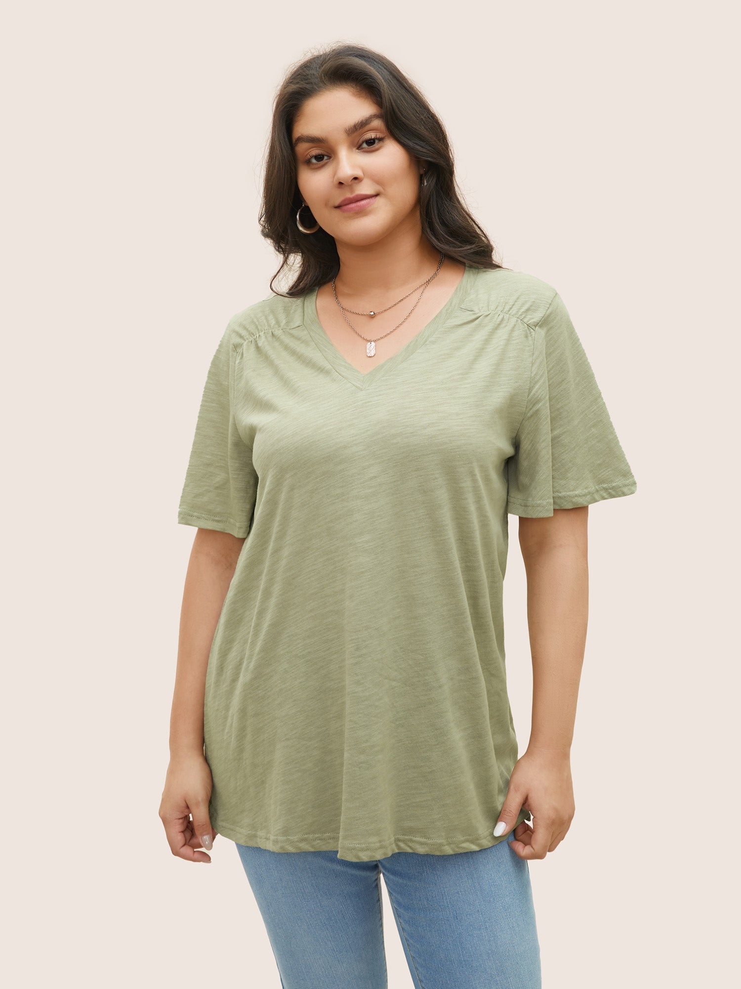 Plain Ruffle Sleeve Heather V Neck T-shirt