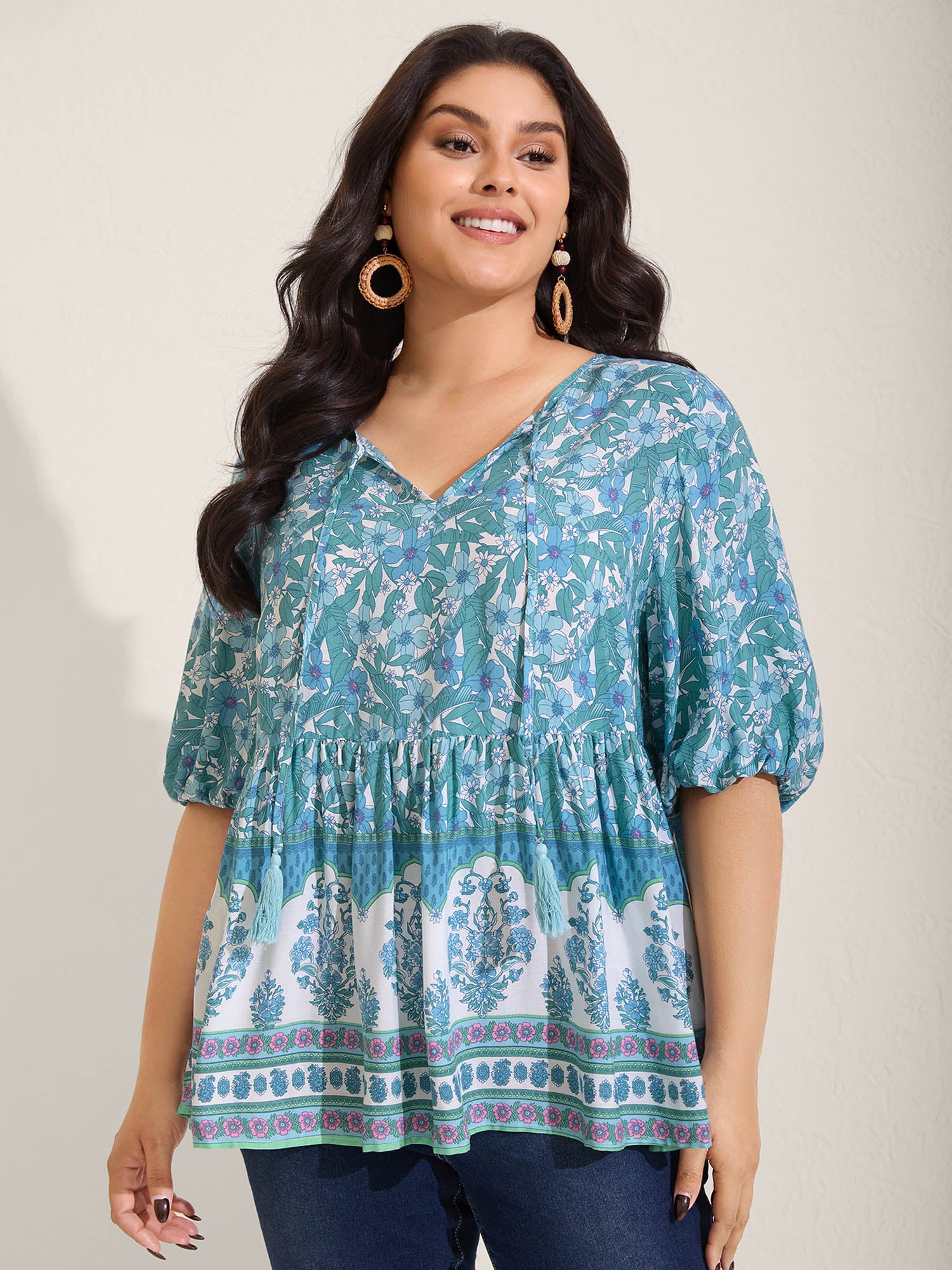 Boho Floral Print Color Contrast Blouse
