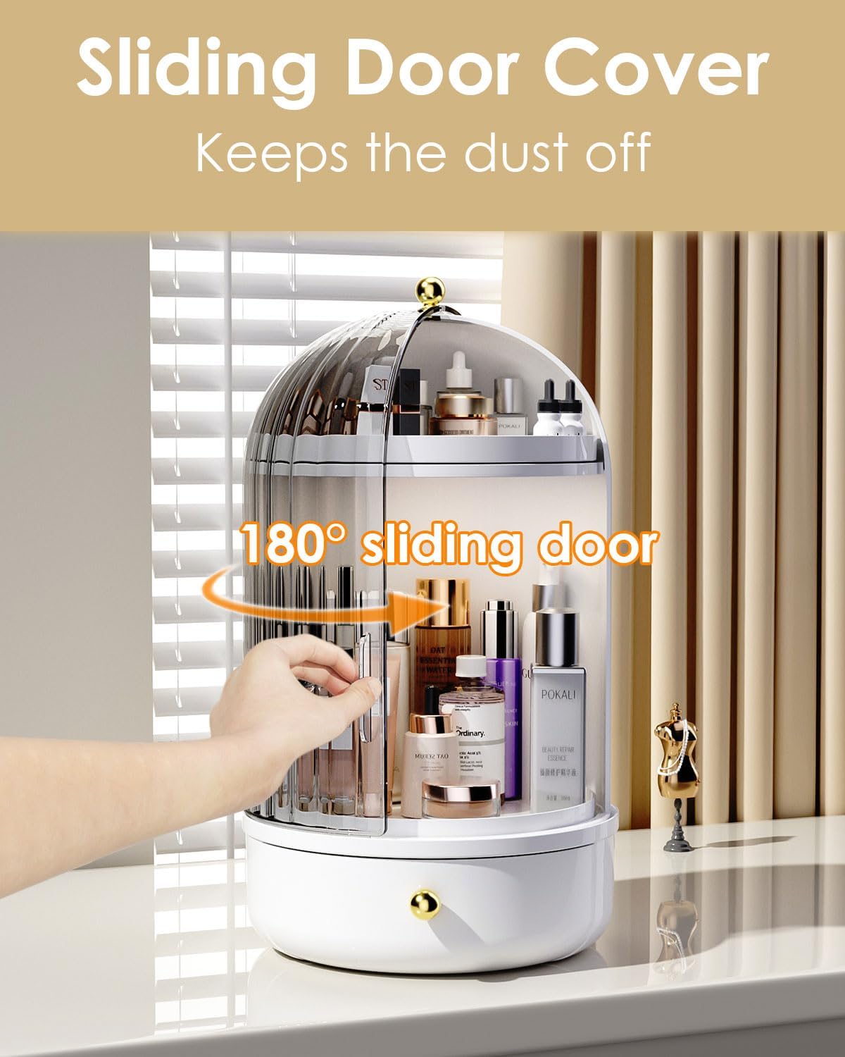 Rotating Makeup Storage With Cover And Drawer. Large Skincare Cosmetics Organizer