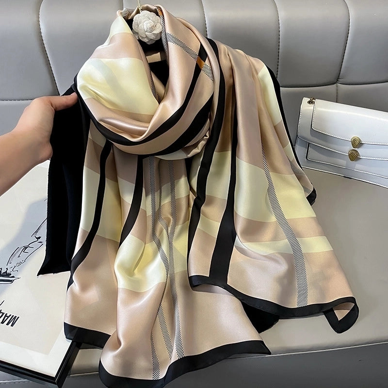 Simple Plaid Silk Scarf Elegant Shawl Spring And Summer Elegant Sunscreen Silk Scarf Women