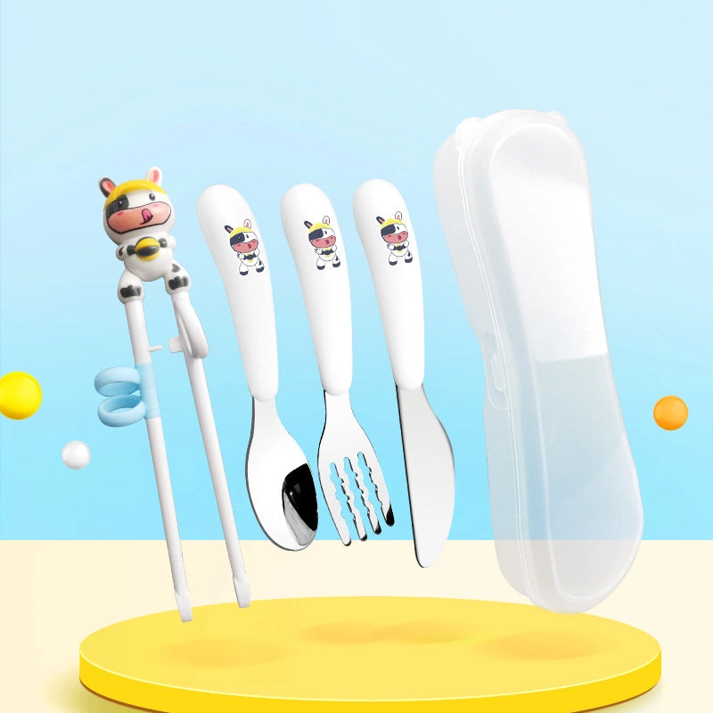 Portable Feeding Children's Tableware Set Cartoon Learning Chopsticks Training Chopsticks 304 Stainless Steel Spoon Fork