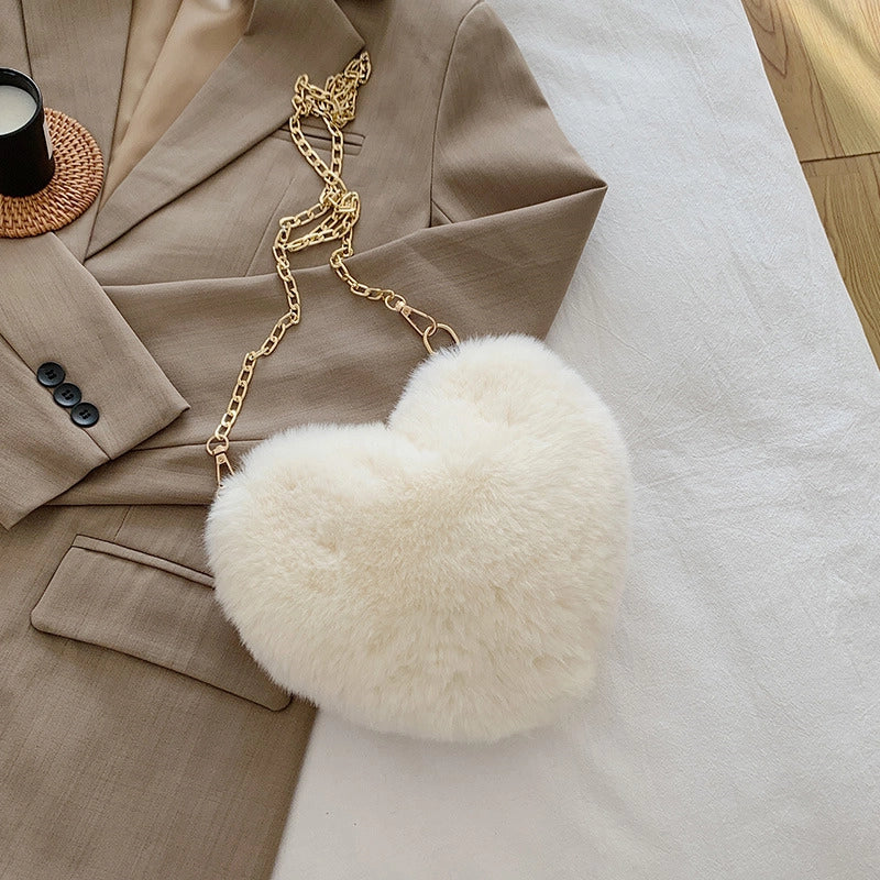 Women's Plush Solid Color Cute Heart-shaped Zipper Crossbody Bag