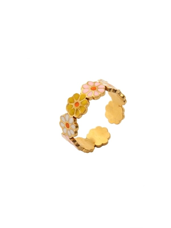 Retro Eye Flower Snake 304 Stainless Steel 18K Gold Plated Enamel Open Rings