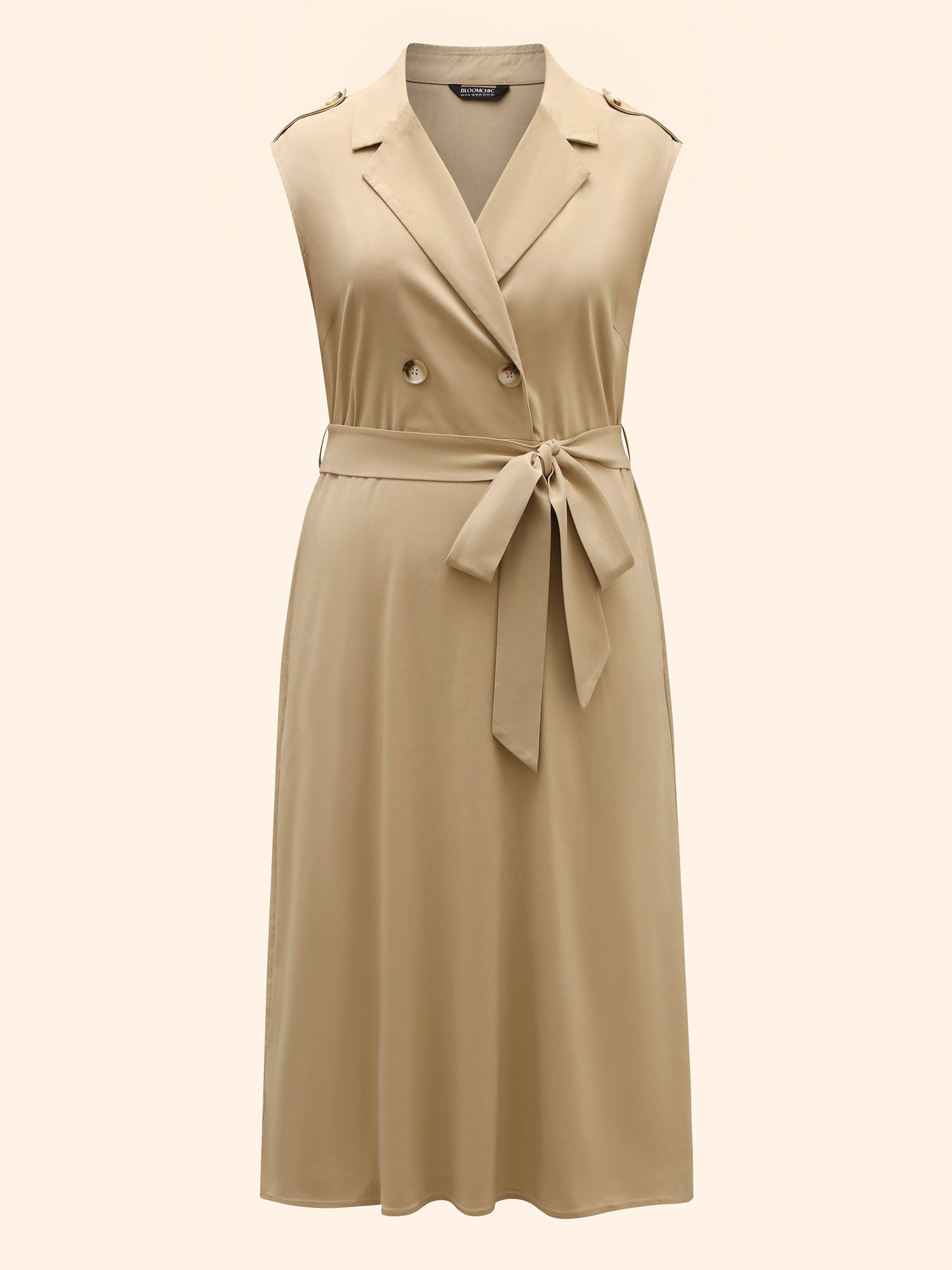 Suit Collar Plain Belted Midi Dress