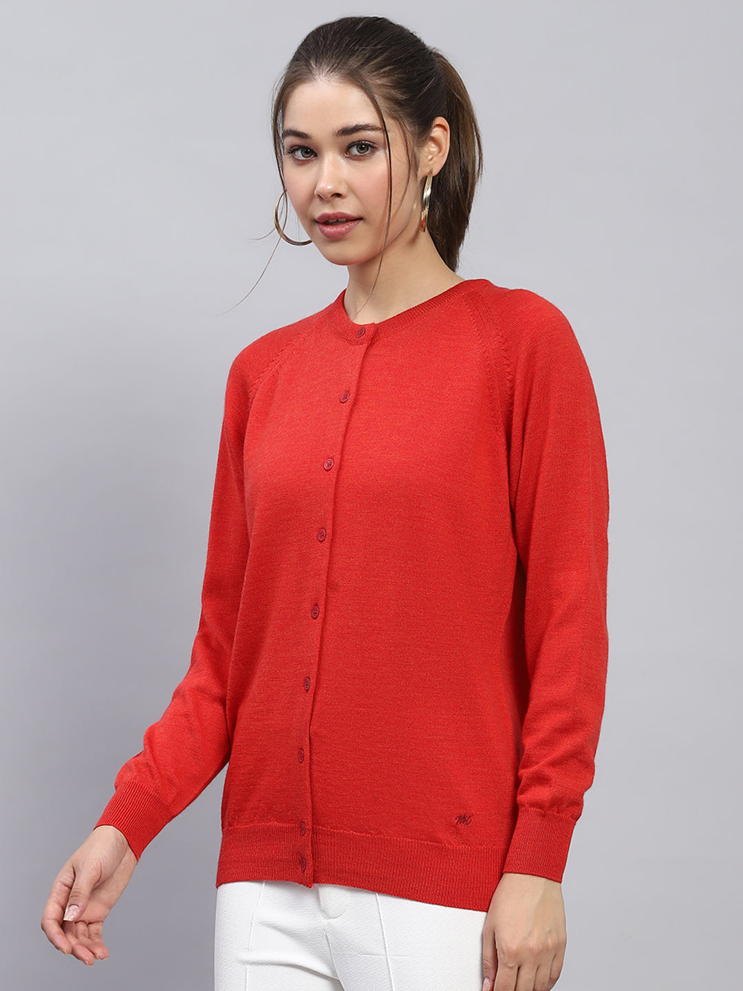 Women Red Solid Round Neck Full Sleeve Cardigan