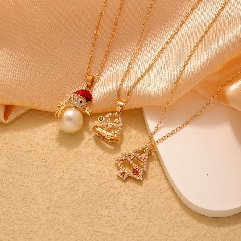 Stainless Steel Copper Plating Inlay Christmas Hat Christmas Tree Snowman Freshwater Pearl Zircon Pendant Necklace