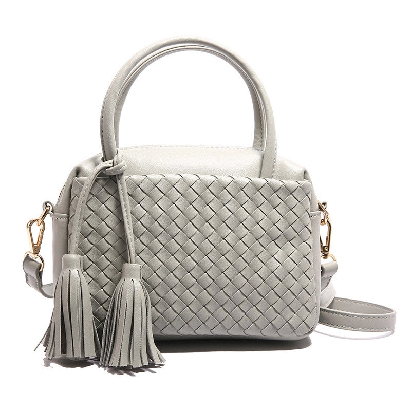 Women's Pu Leather Solid Color Basic Tassel Weave Square Zipper Handbag Crossbody Bag