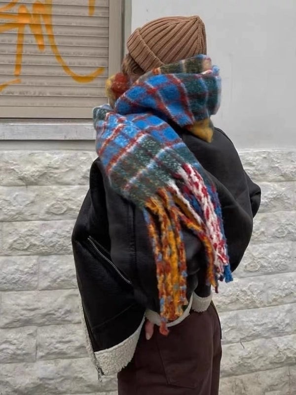 Autumn And Winter Rainbow Plaid Artificial Cashmere Scarf Female Student Couple Mohair Warm Scarf Long Shawl