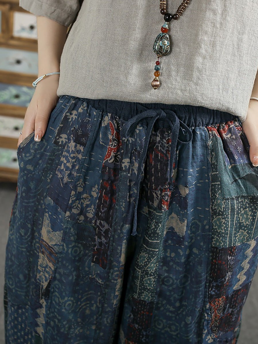 Women Summer Ethnic Print 100%Ramie Harem Pants