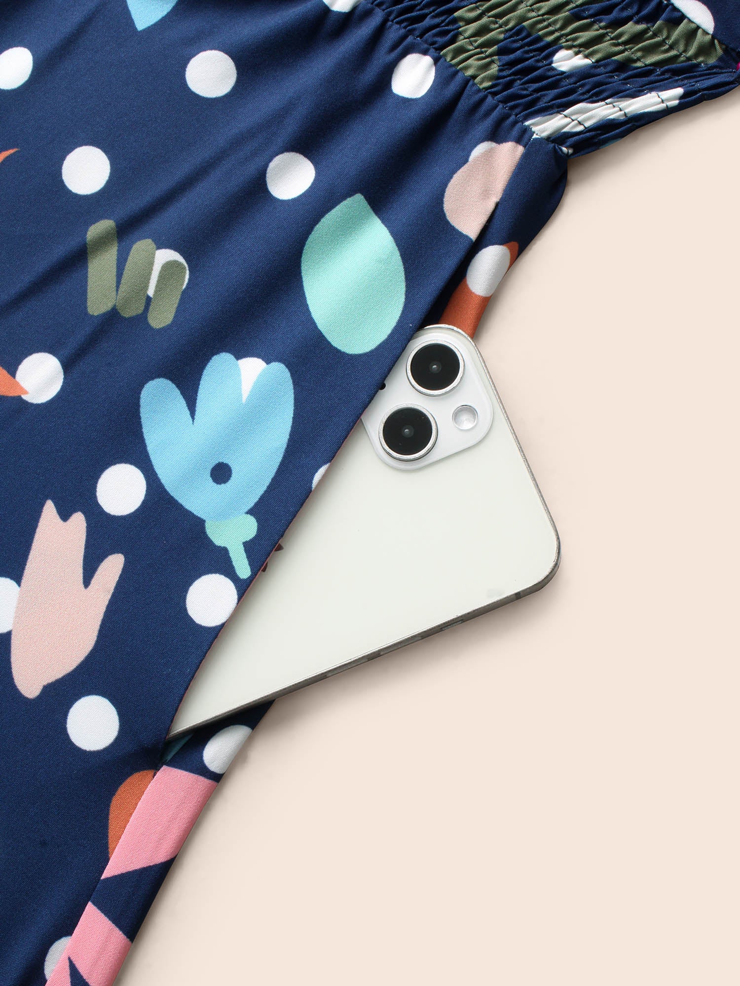 Overlap Collar Polka Dot Floral Shirred Dress