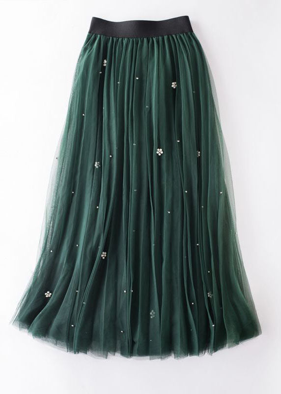 French Green Wrinkled Patchwork High Waist Tulle Skirt Spring