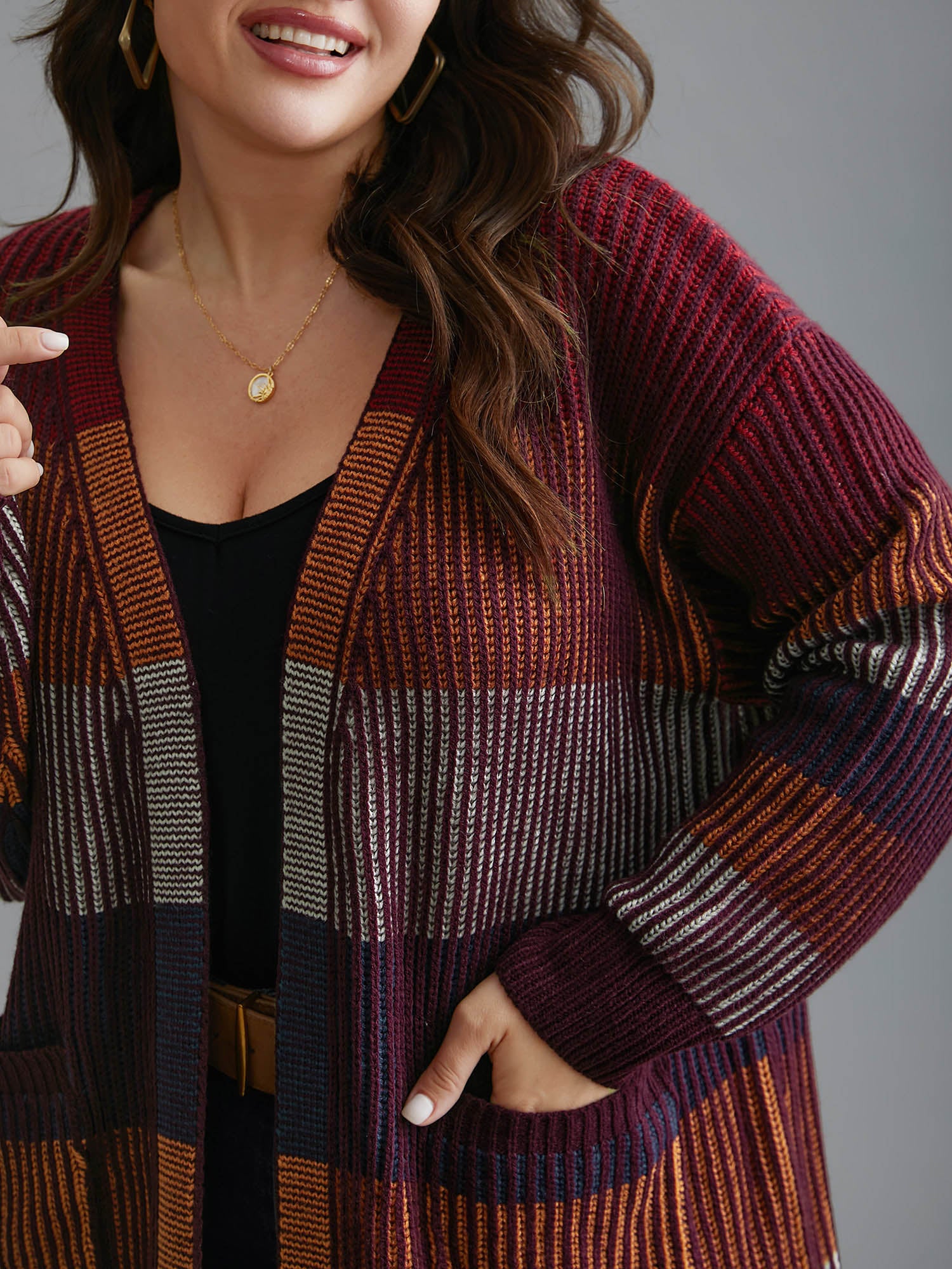 Front-Open Color Block Knit Cardigan