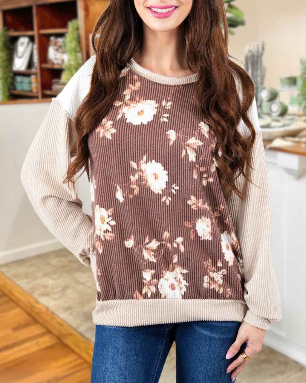 Twisted Ribbed Floral Pullover