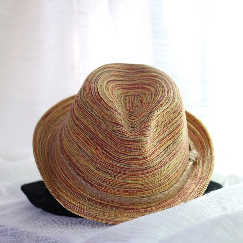 Women's  Color Striped Jazz Hat Spring And Summer Travel Curled Edge Small Rim Hat Sunshade Hat Sunscreen Small Topper Hat