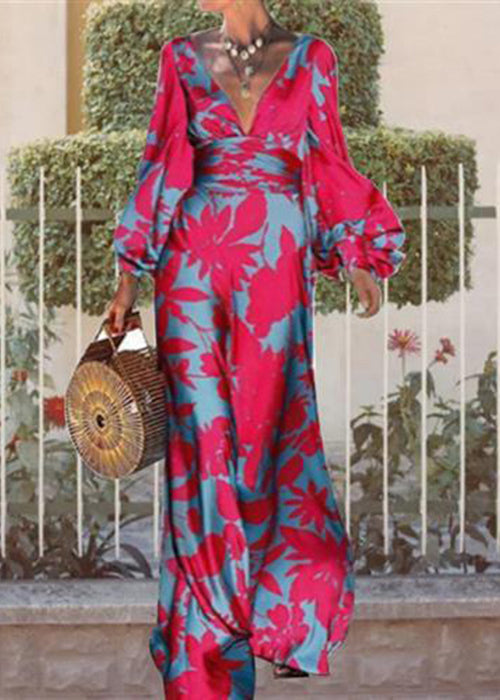 French Rose V Neck Print Cotton Long Dresses Long Sleeve Summer