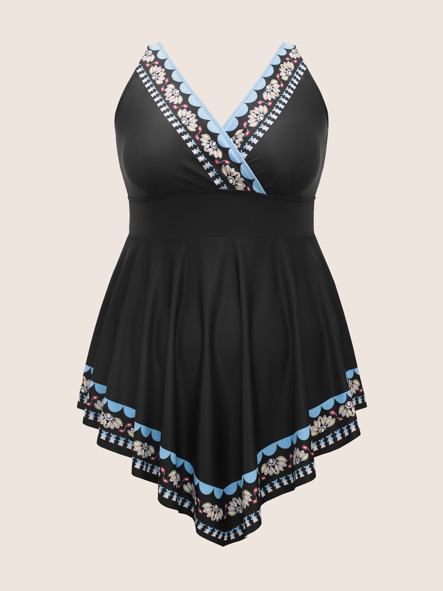 Overlap Collar Boho Print Hanky Hem Swim Dress