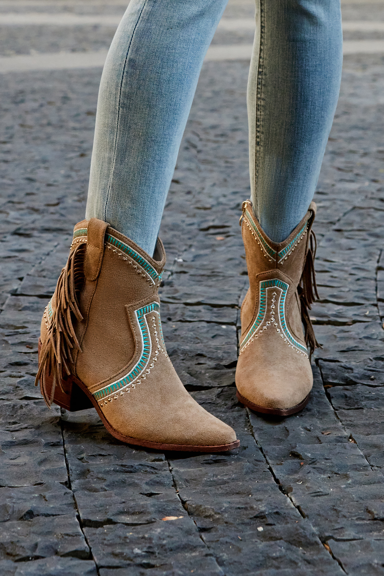 Contrast Binding Tassels Zipper Chunky Heels Western Boots
