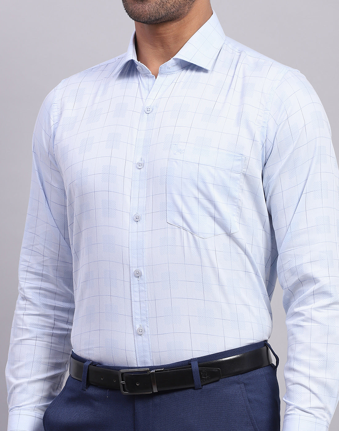 Men Light Blue Check Collar Full Sleeve Shirt