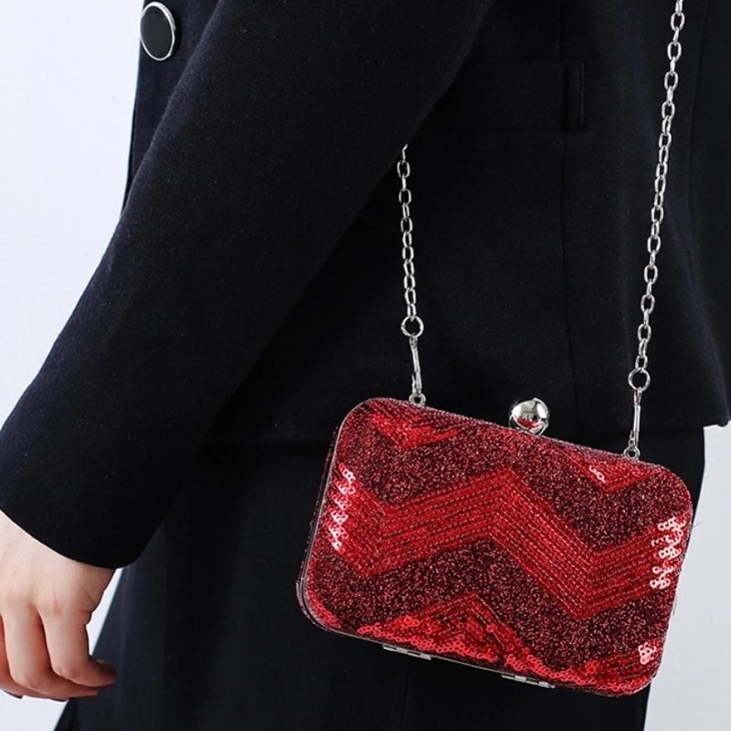 Red Silver Sequin Solid Color Square Evening Bags