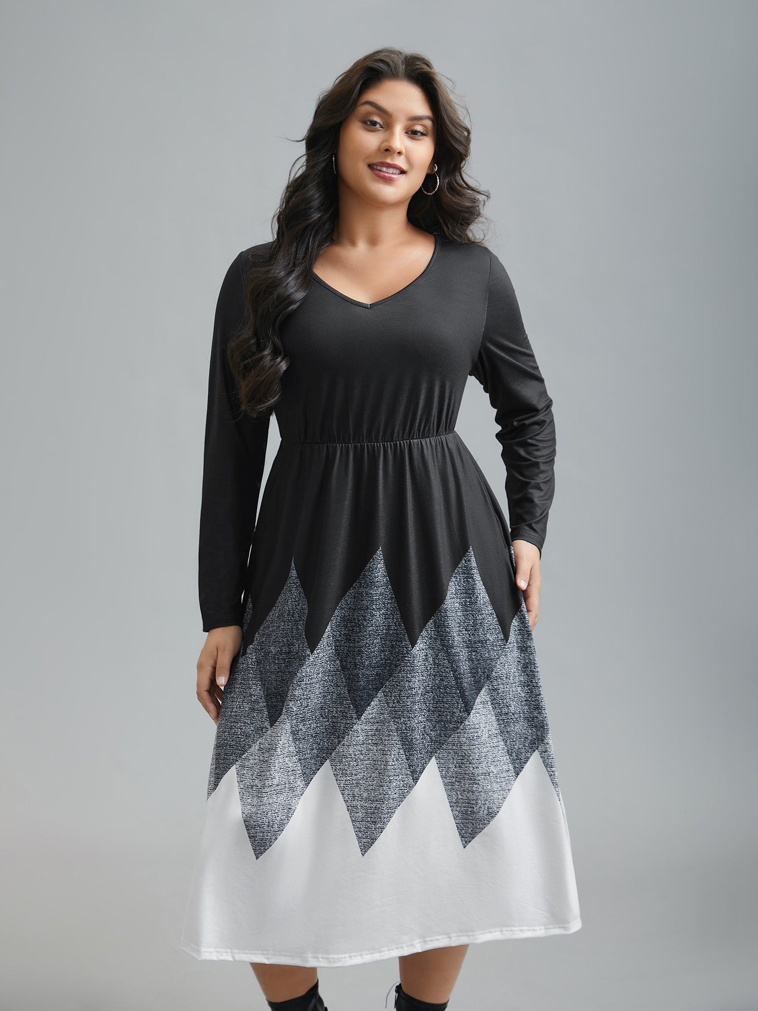 V Neck Ombre Print Spliced Midi Dress