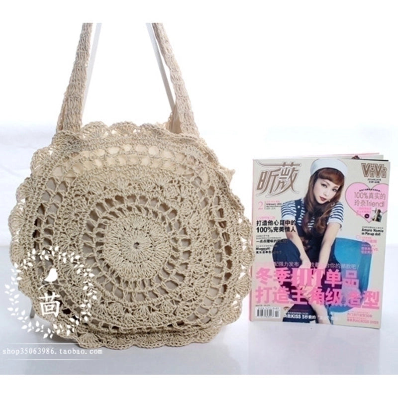 Women's Medium Crafted Paper Rope Solid Color Beach Weave Hollow Round Zipper Straw Bag