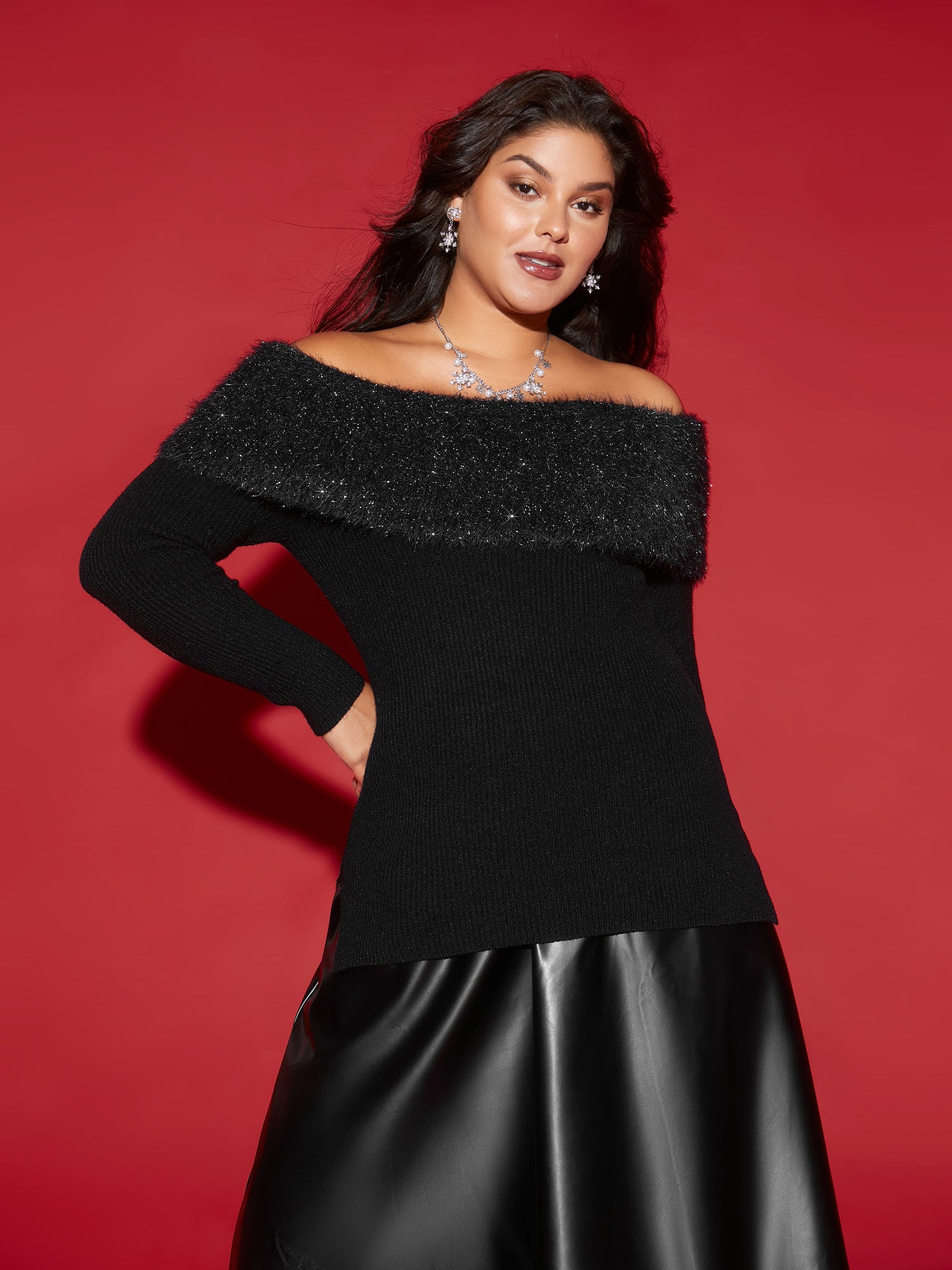 Off-Shoulder Silver Threads Detailing Pullover