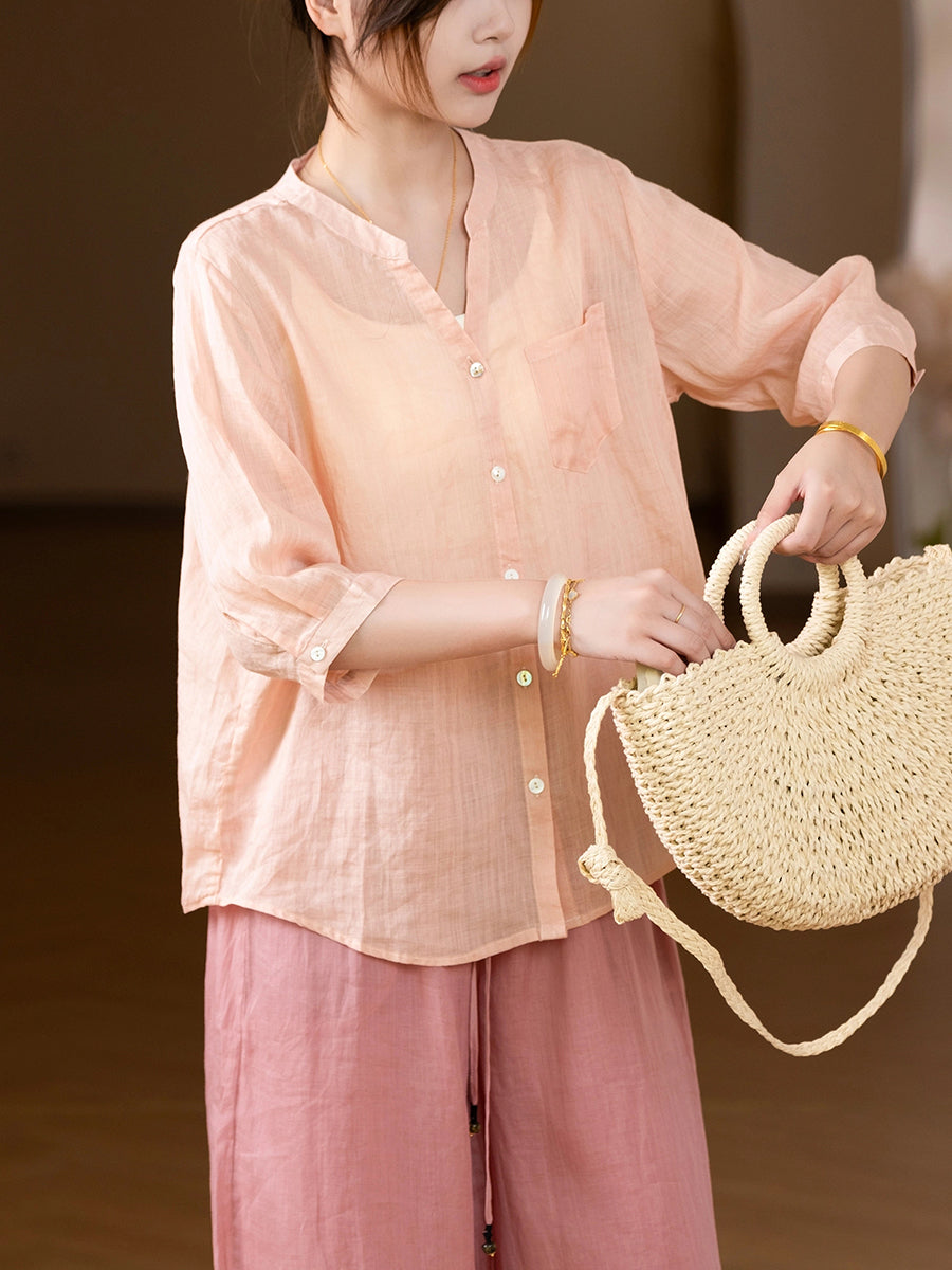 Women Summer Vintage Pure Color V-Neck 100%Ramie Shirt
