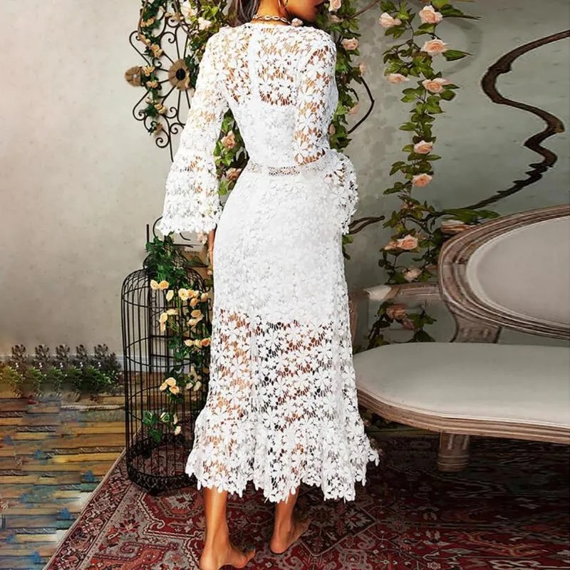 Hollow Lace V-Neck Long Sleeve Dress