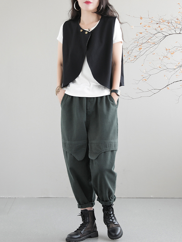 Artistic Retro Loose Sleeveless Solid Color Round-Neck Vest Outerwear