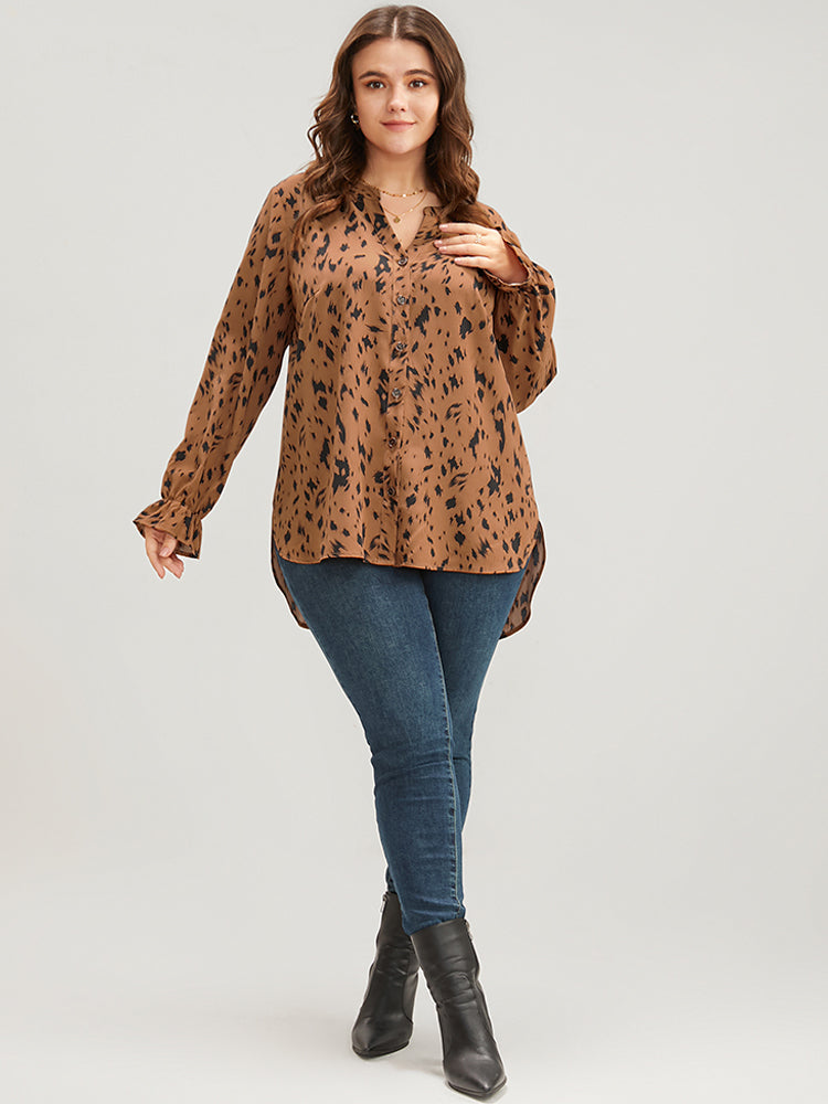 Leopard Print Button Up Split Hem V Neck Blouse