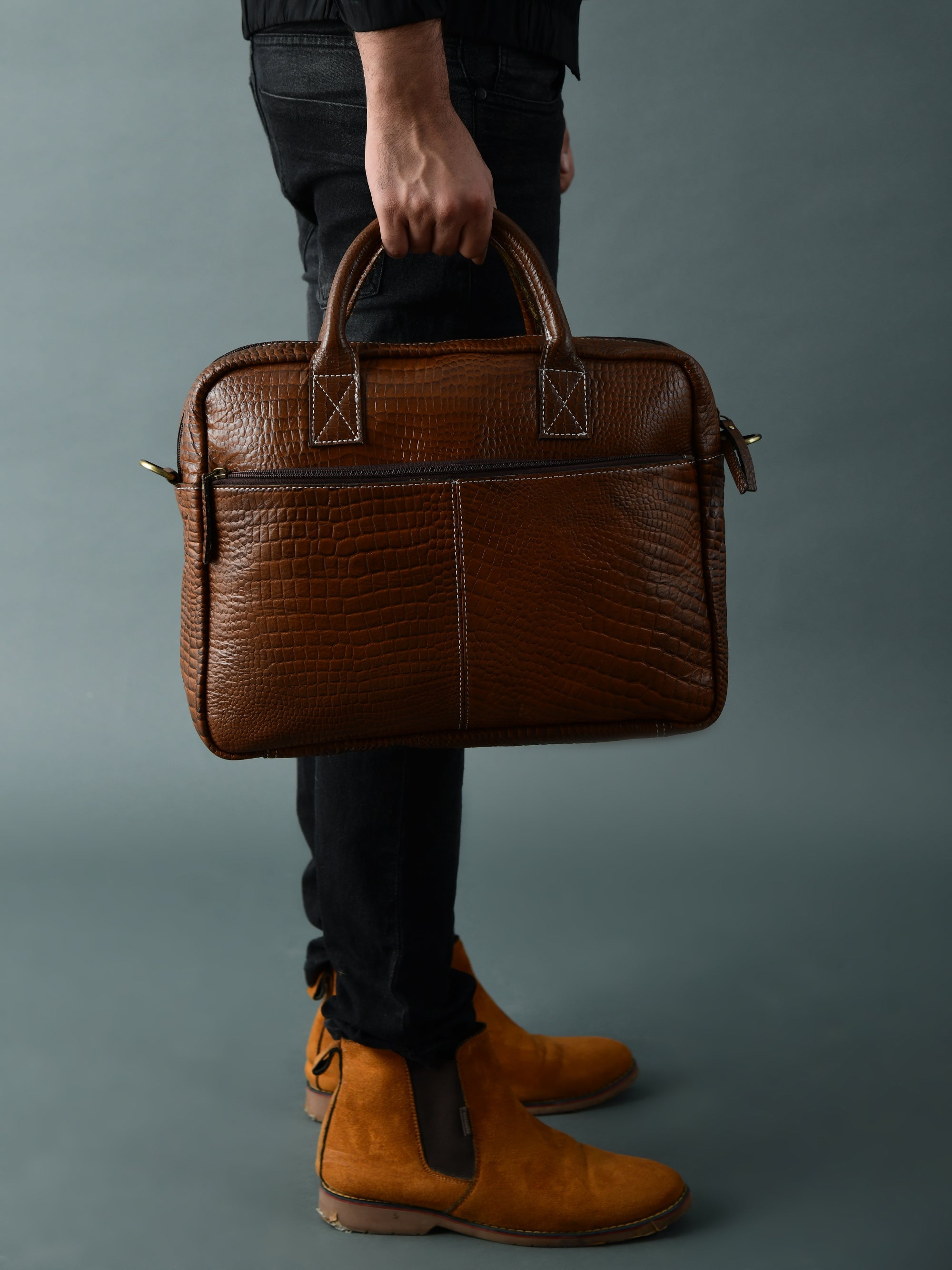 Laurent Slim Leather Briefcase- Brown