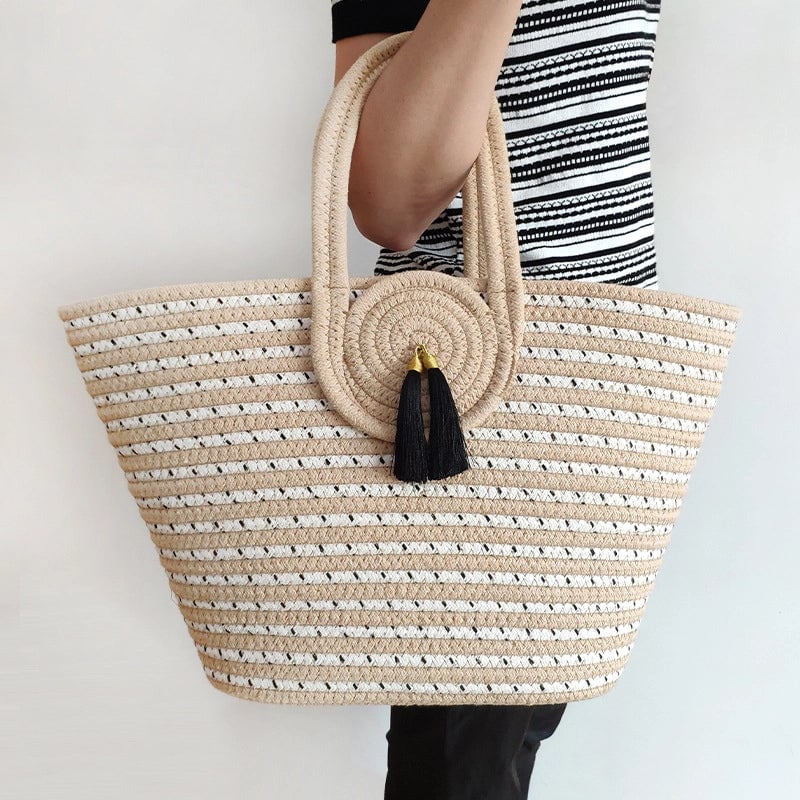 Women's Large Cotton Stripe Vacation Classic Style Weave Bucket Open Beach Bag